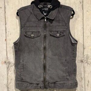 XXX Rude Medium Gray Skull Back Detachable Hood Denim Jean Vest Punk Sleeveless